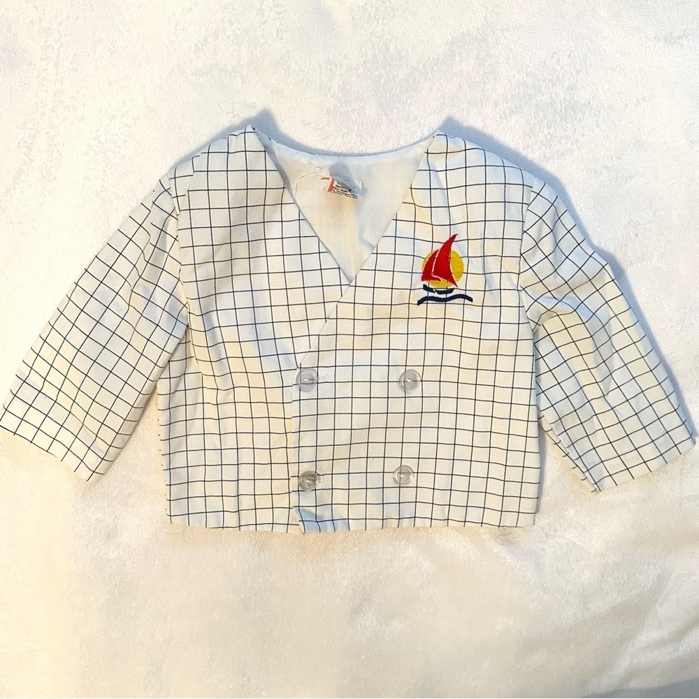 Vintage Baby Boy Blazer Nautical Sailboat Embroidered White Grid Jacket 12M